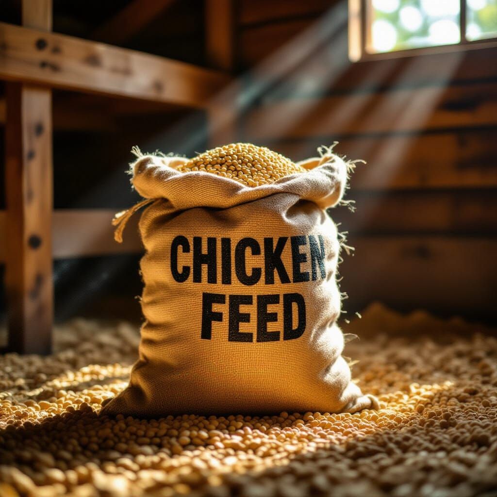 Burlap Sack of Chicken Feed in Rustic Coop