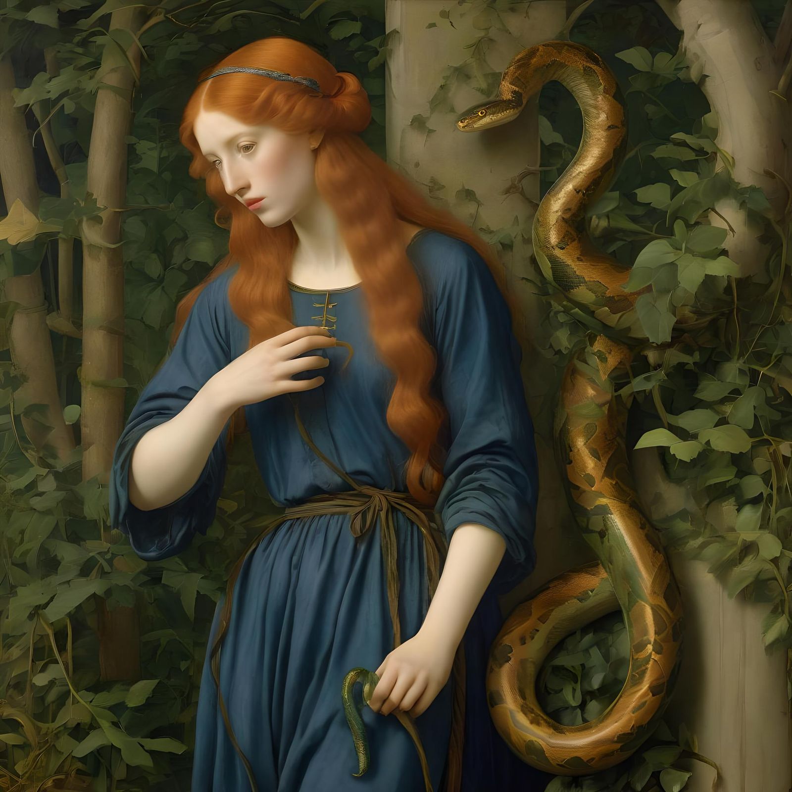 Red-Haired Woman and Snake in Pre-Raphaelite Style