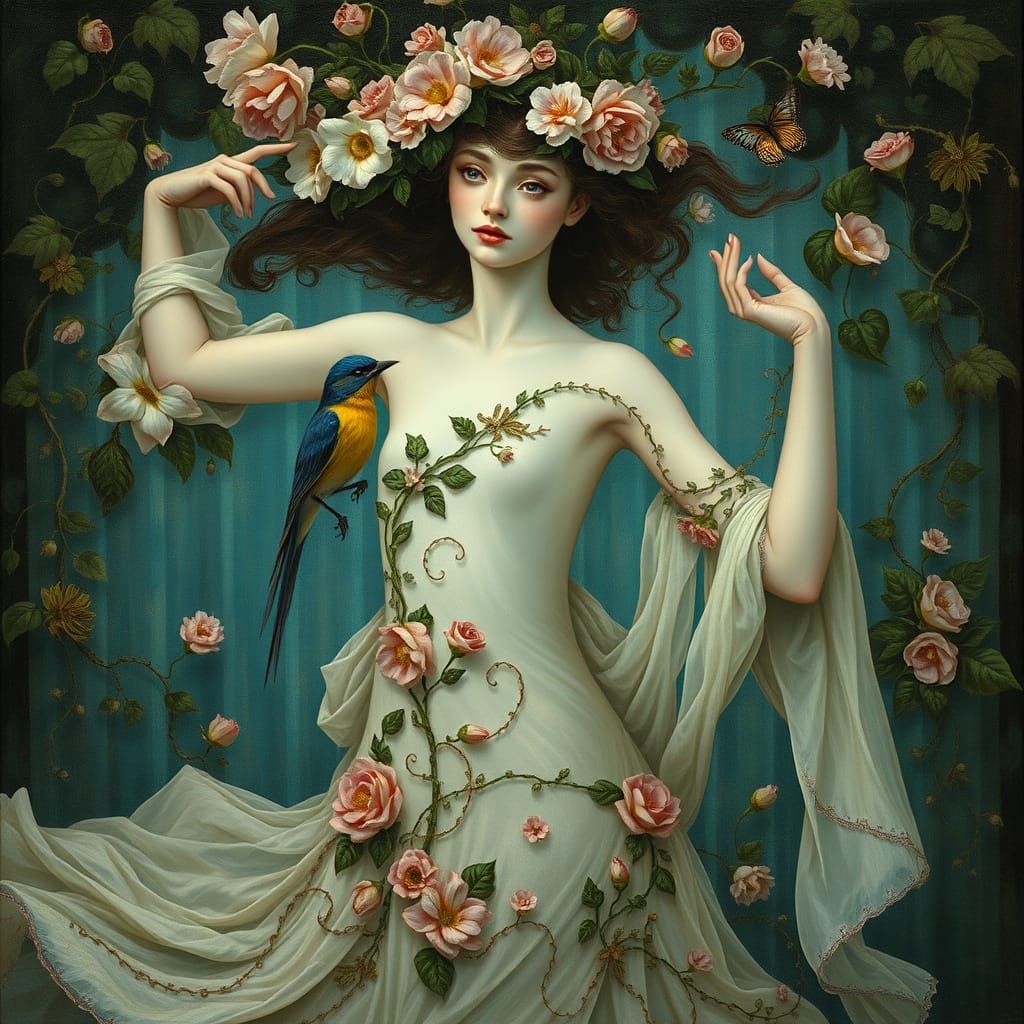 Dancing Woman with Bursting Imagination in Klimt Style