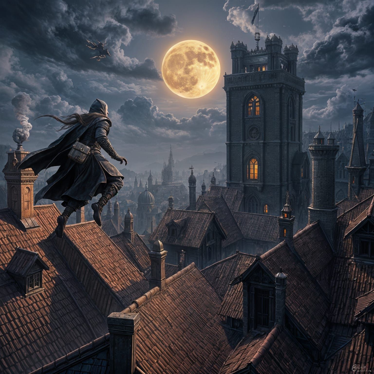 Dark Fantasy Thief in a Moonlit Cityscape