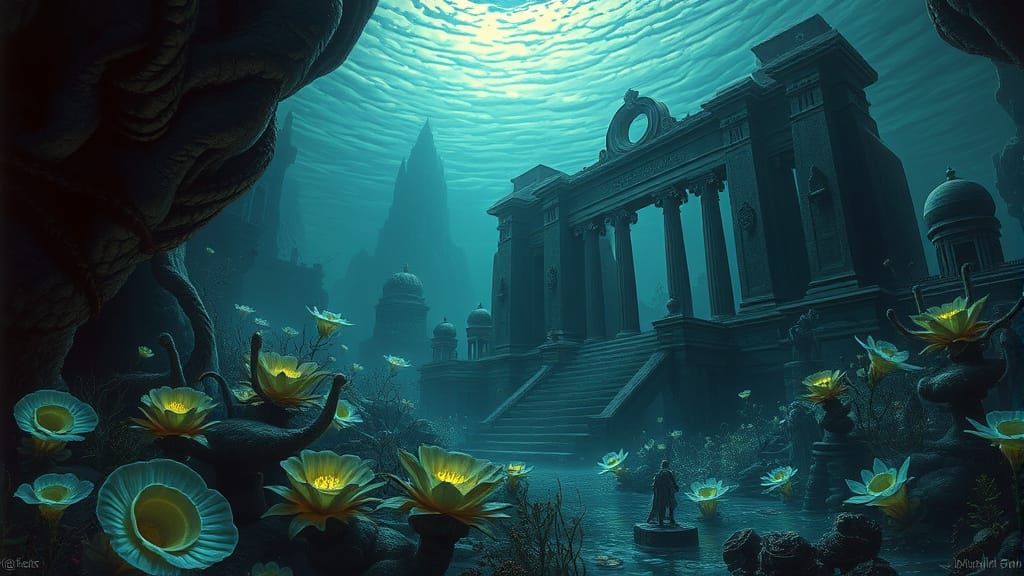 Surreal Underwater Realm with Bioluminescent Plants and Anci...