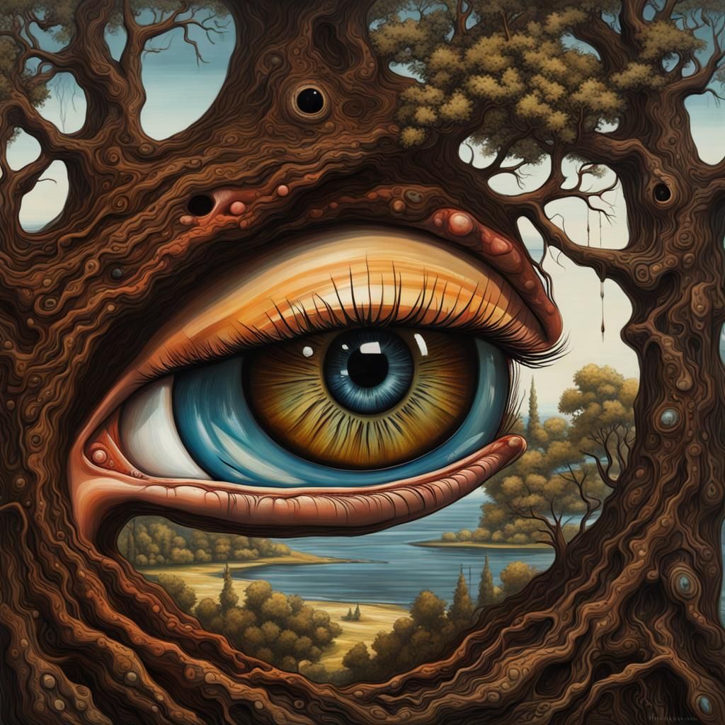 Surreal Eye in Tree Landscape, Dripping Paint Style