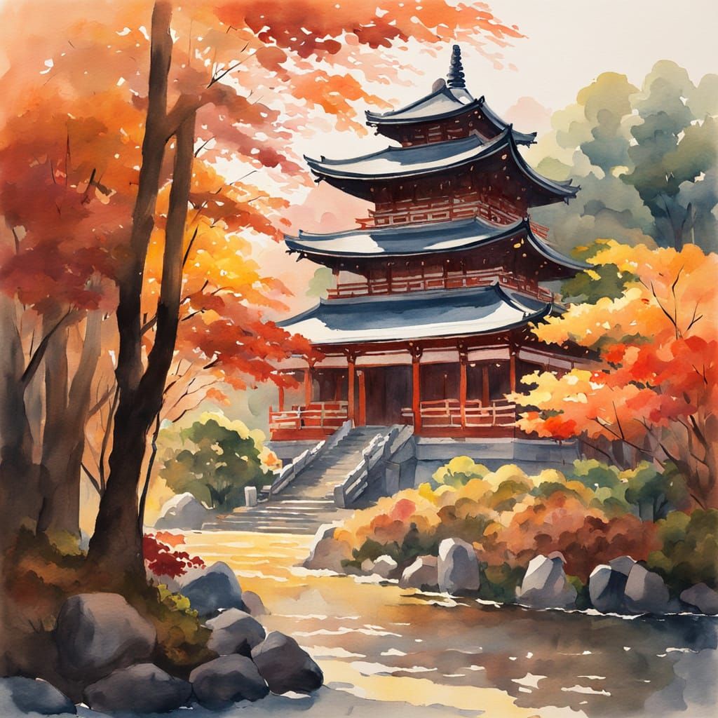 Serene Japanese Temple Amidst Vibrant Autumn Leaves, Impress...