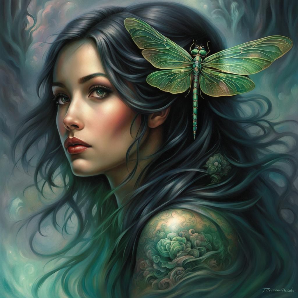 Girl with Mechanical Dragonfly Tattoo in Ethereal Style