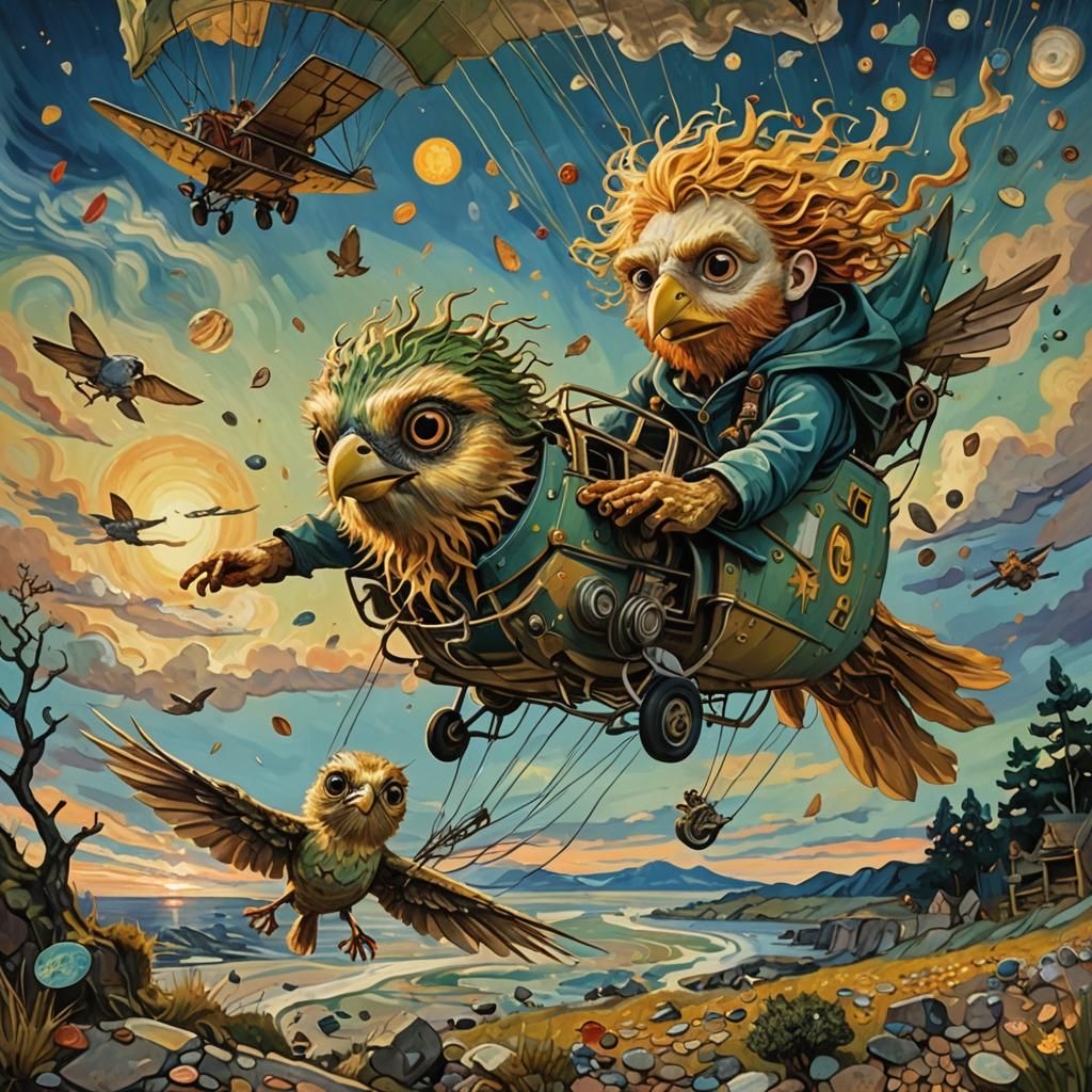 Sparrow-Human Aircraft Adventure as Van Gogh Painting