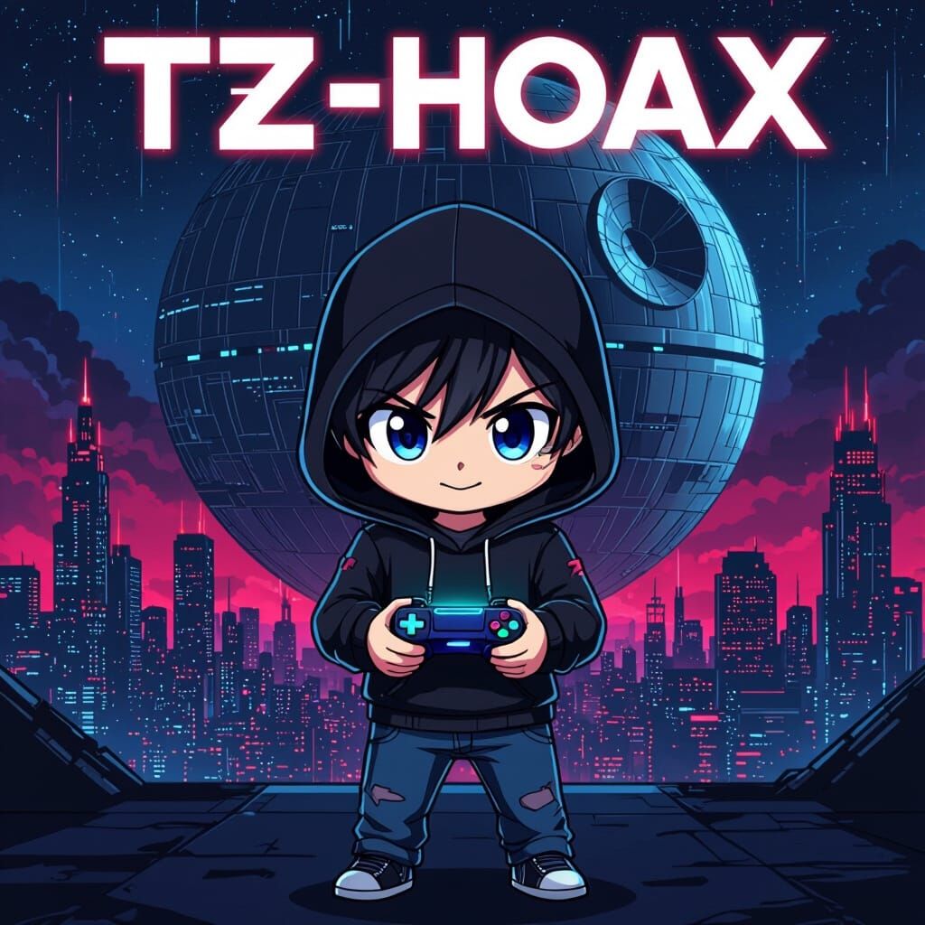 Anime Chibi in Cyberpunk City with Death Star