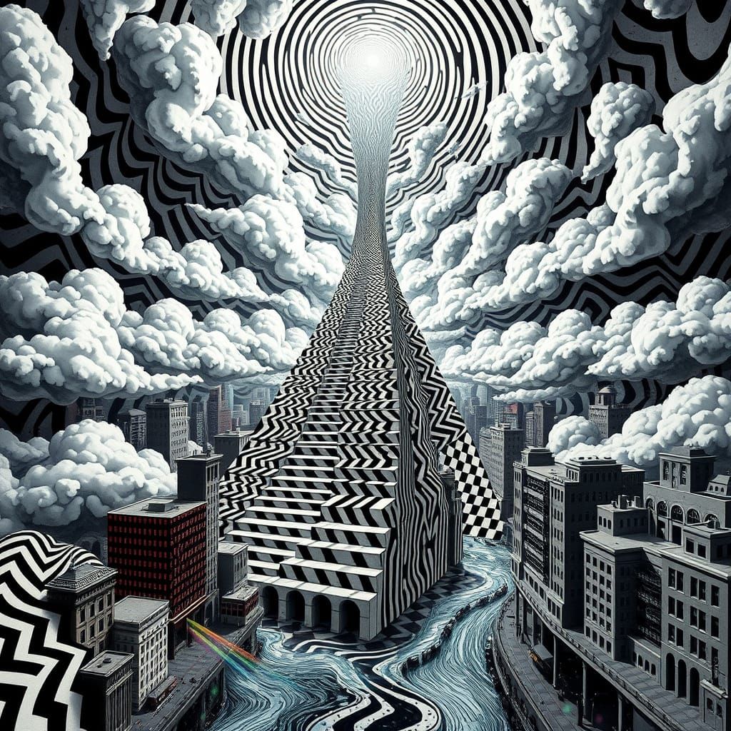 Surreal Cityscape with Geometric Patterns and Impossible Geo...