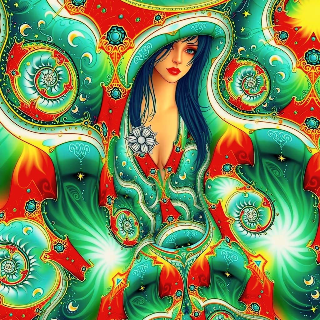 Woman with Starry Sky and Fractals in 3D CGI Style