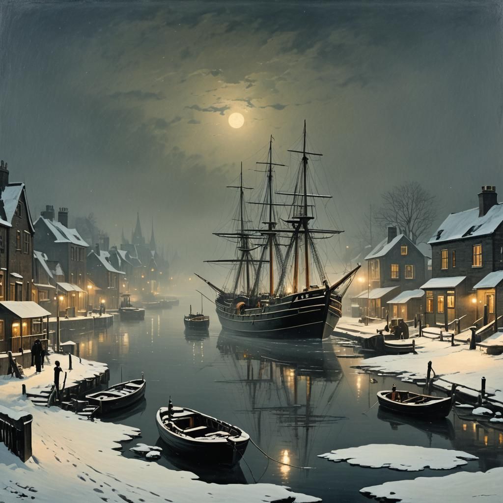 Victorian Harbor at Night in Winter Snow