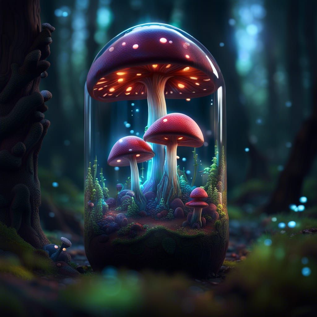 Glowing Mushroom Forest Inside Glass Bottle