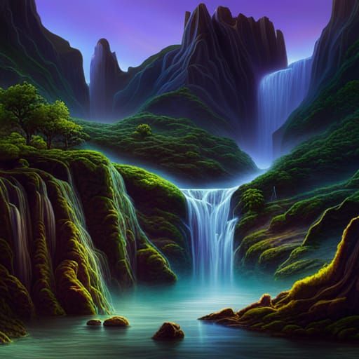 Dramatic Waterfall in Mountains, Digital Matte Painting