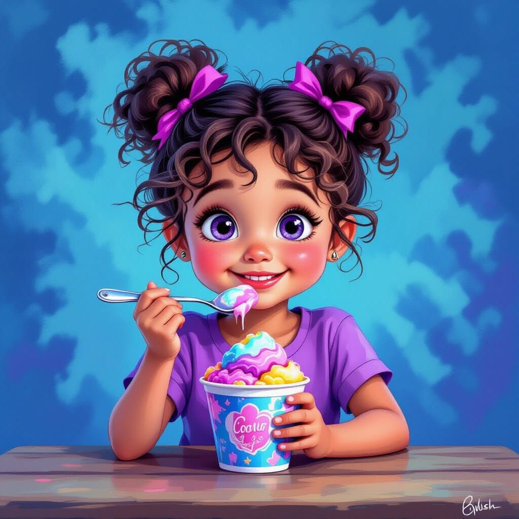 Cute Girl Eating Ice Cream in Crayon Art
