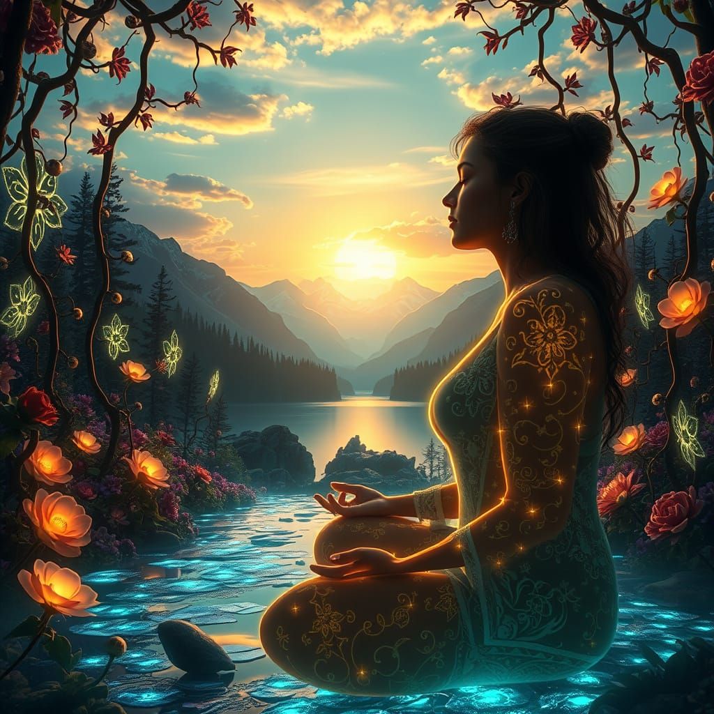 Mystical Woman Meditating in Luminous Labyrinth