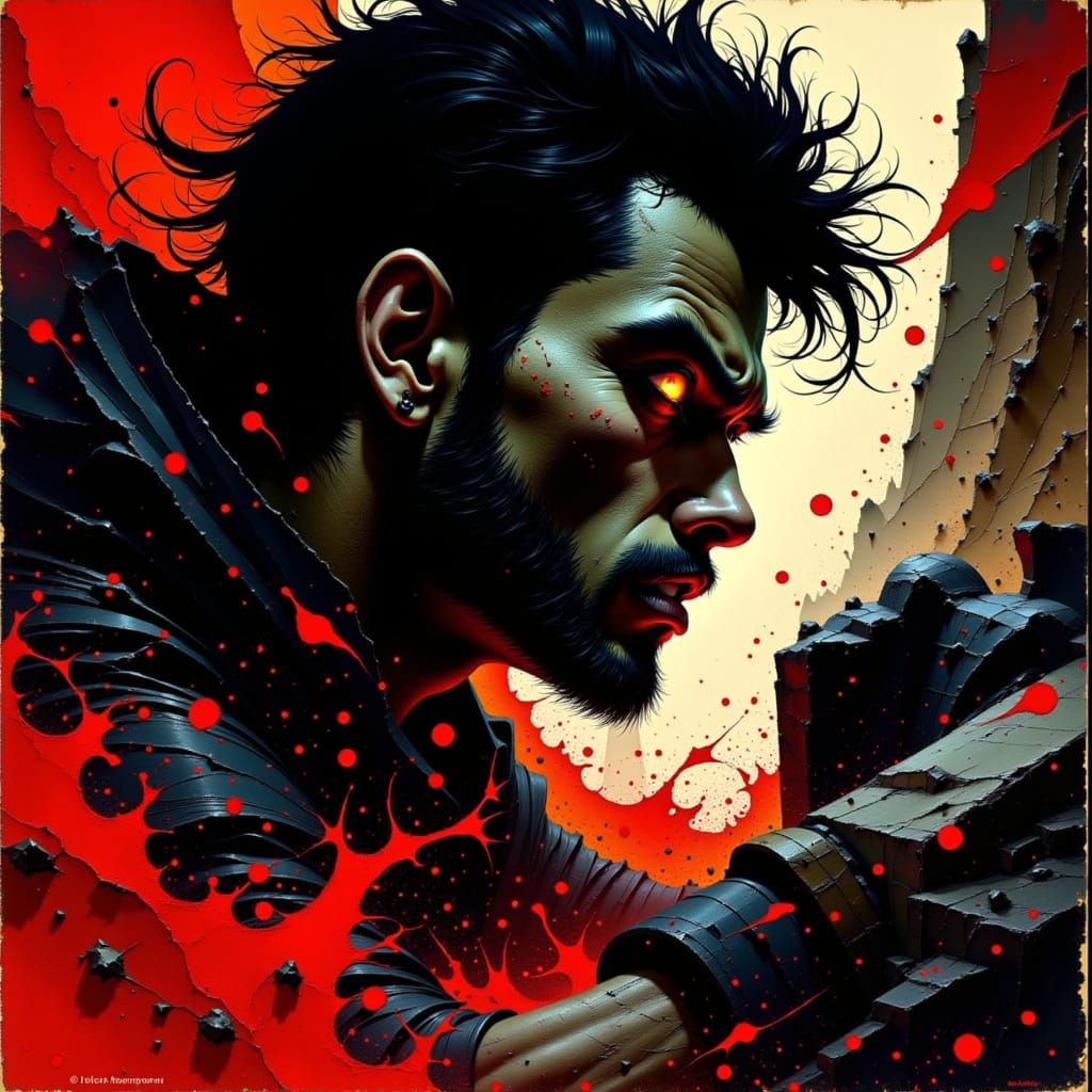 Warrior in Dramatic Spotlight Struggle, Neo-Noir Comic Style