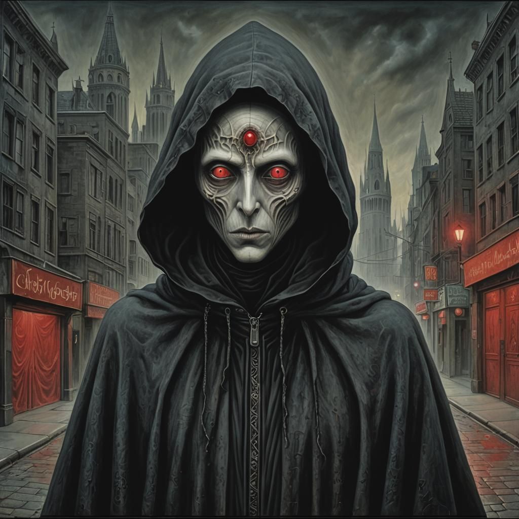 Eerie Figure in Dark City Street, Surreal Art