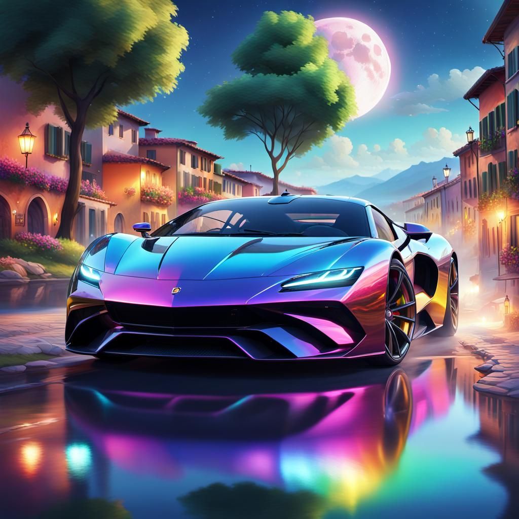 Supercar Speeding by Italian Lake Under Moon