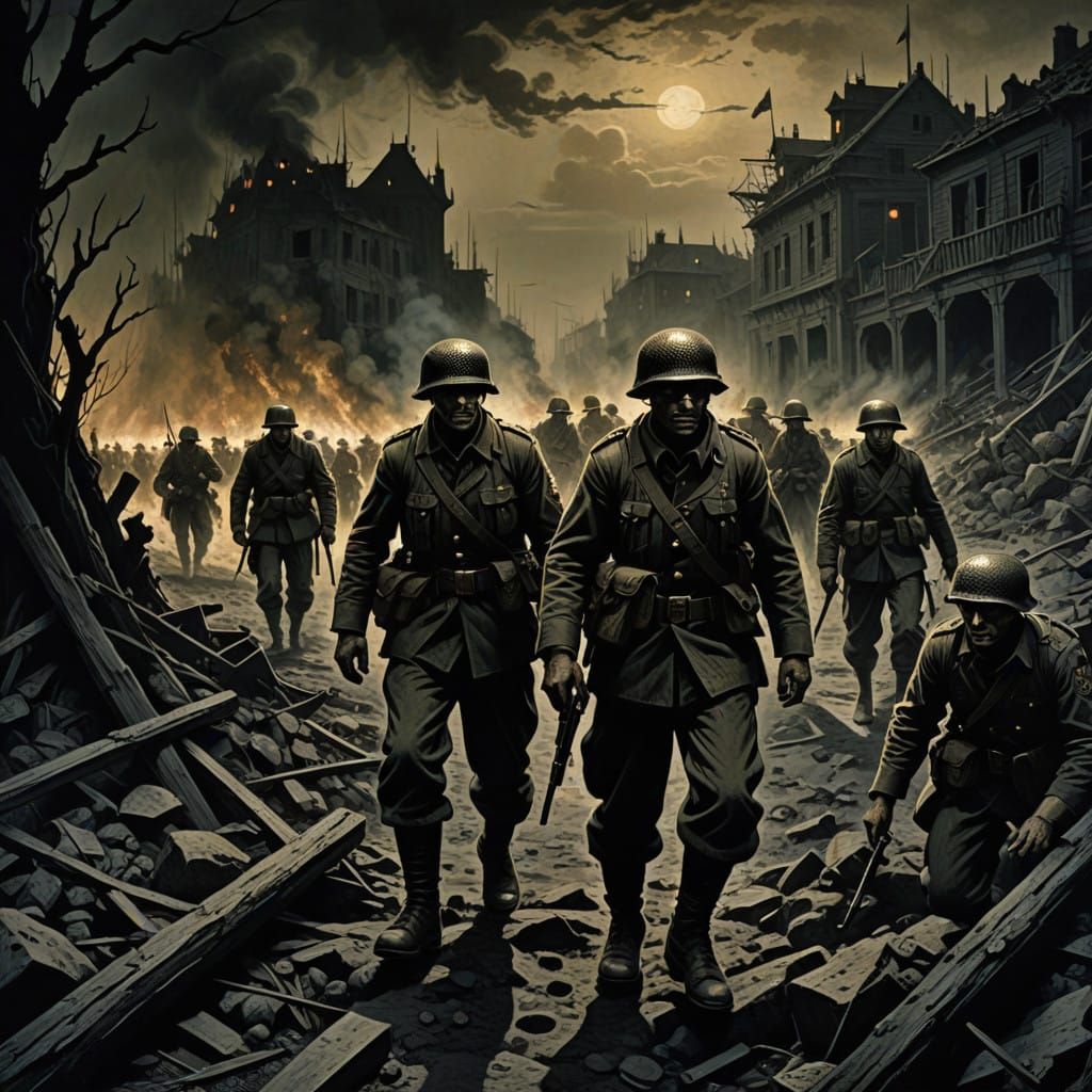War-Torn Soldiers in a Haunting, Dark Landscape