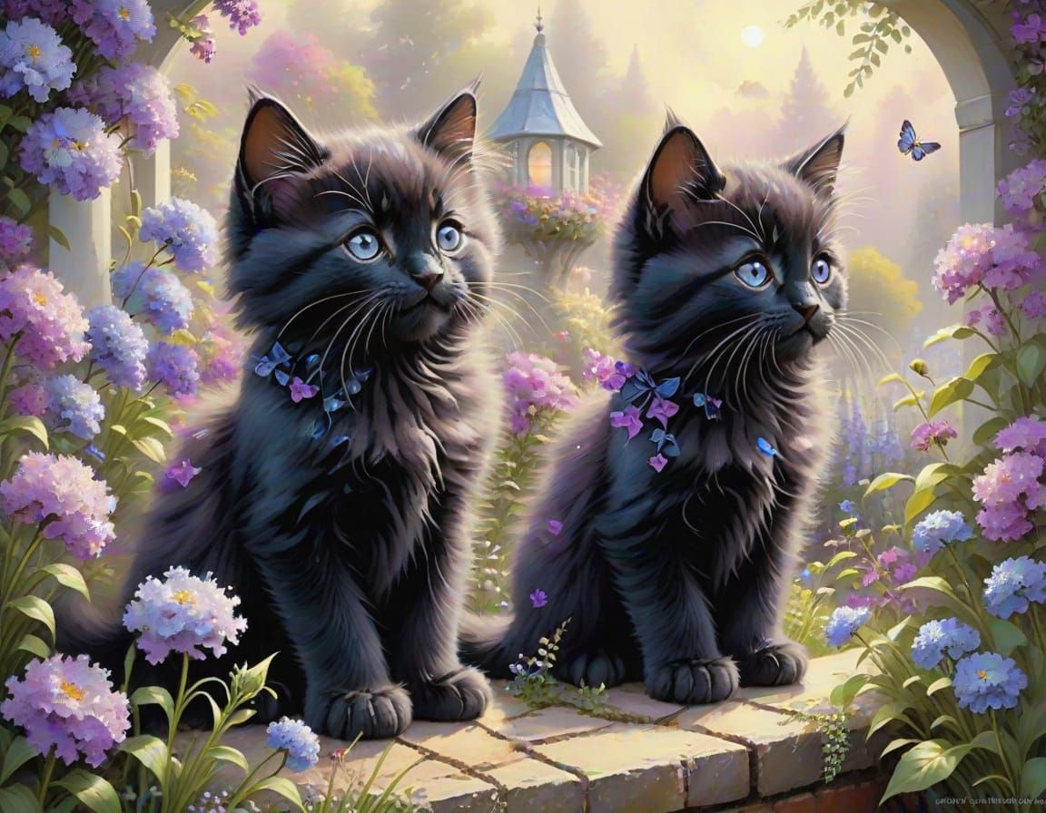 Whimsical Black Kittens in a Vibrant Garden