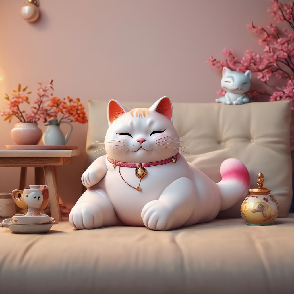 Maneki-neko Cat on Therapist Couch: 3D Digital Art