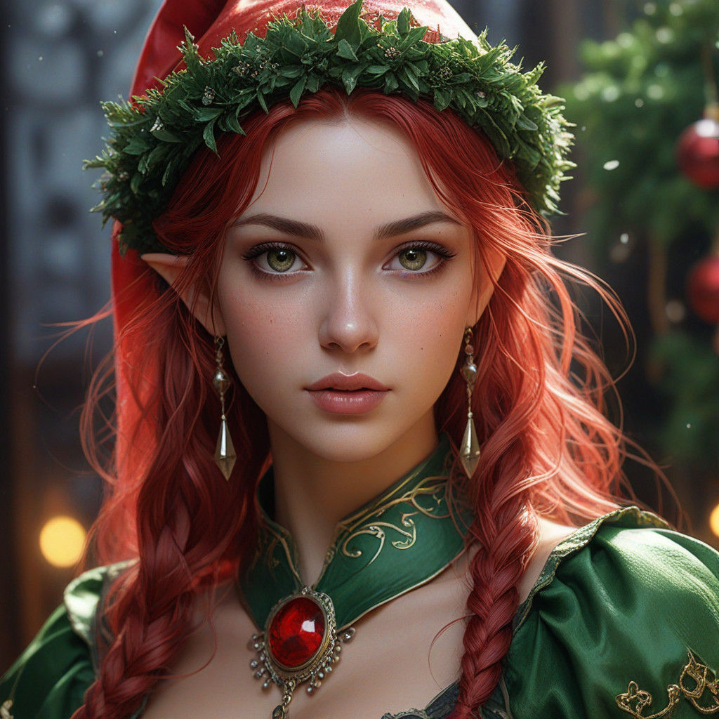 Vibrant Christmas Elf in Whimsical Gothic Fantasy Setting