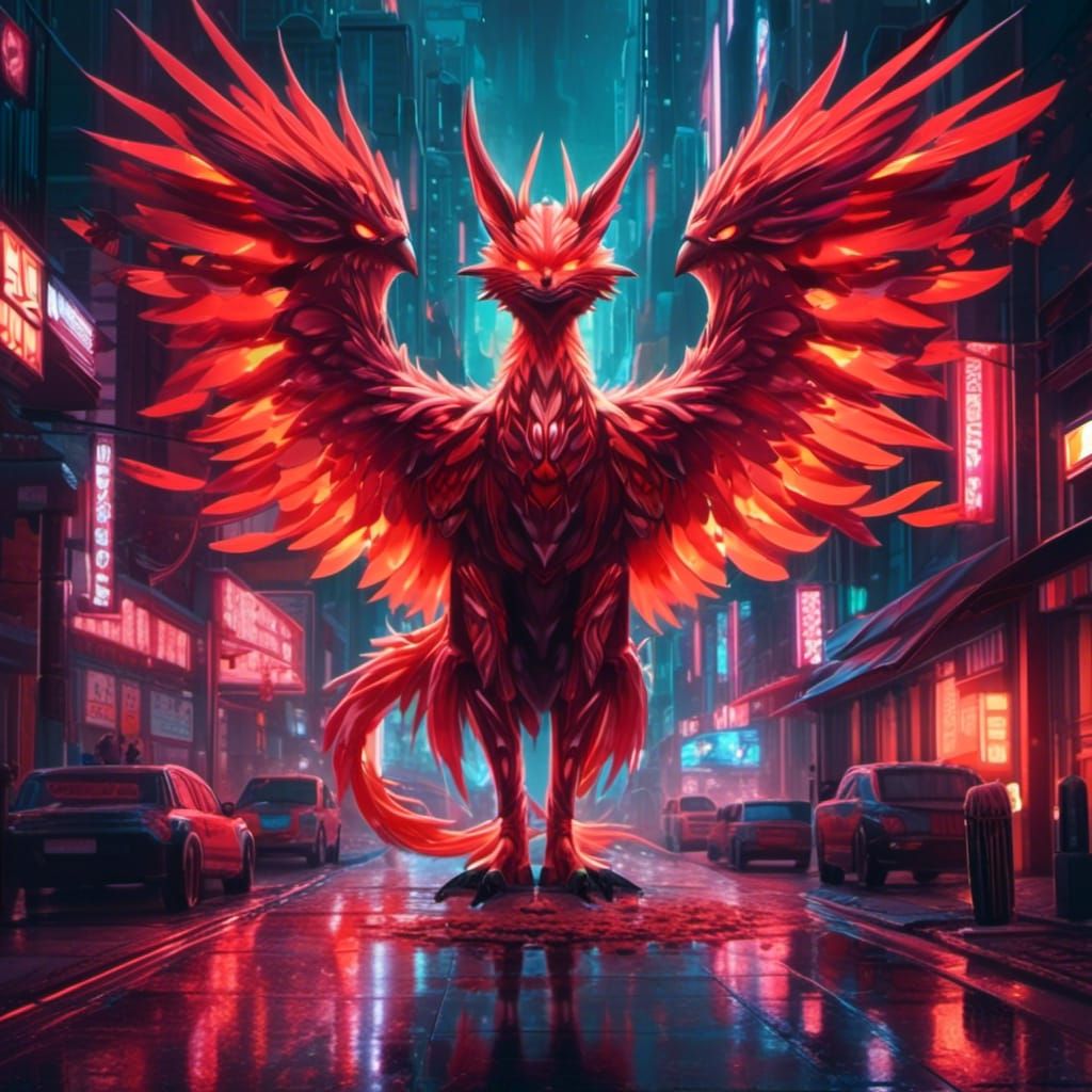 Cyberpunk Bird in Street Scene, Digital Art