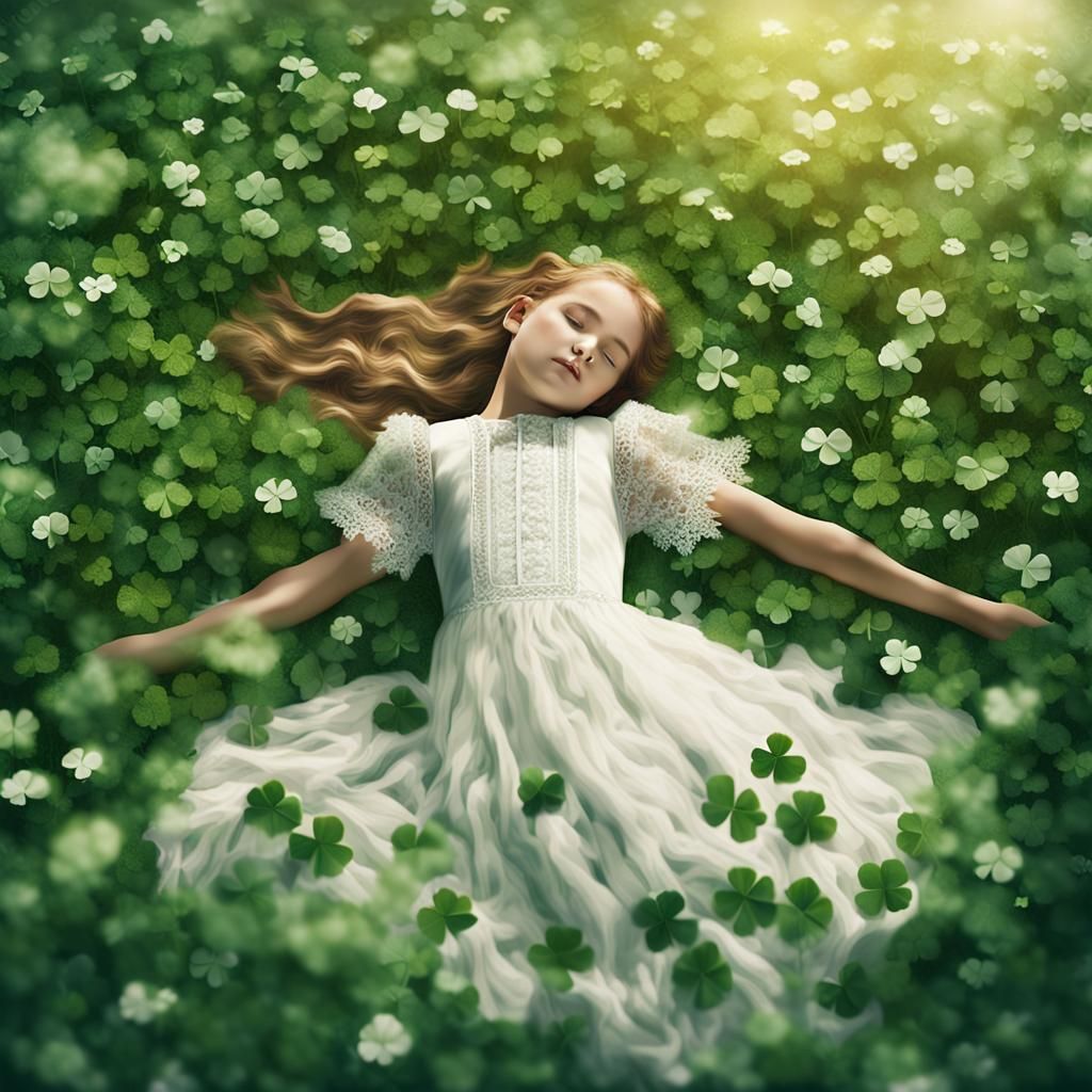 Girl in Clover Field: Romantic Whimsy Digital Art