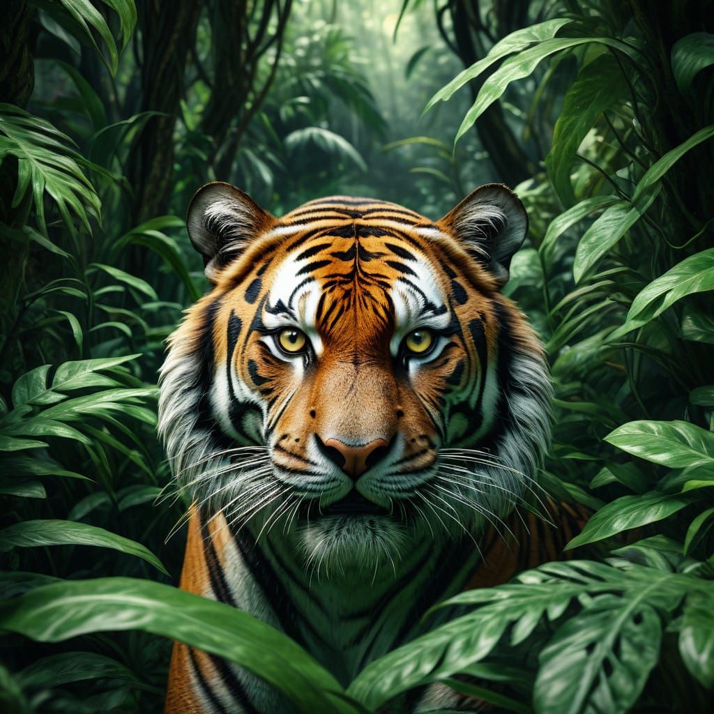 Majestic Tiger Emerges from Jungle Shadows in Hyperrealistic...