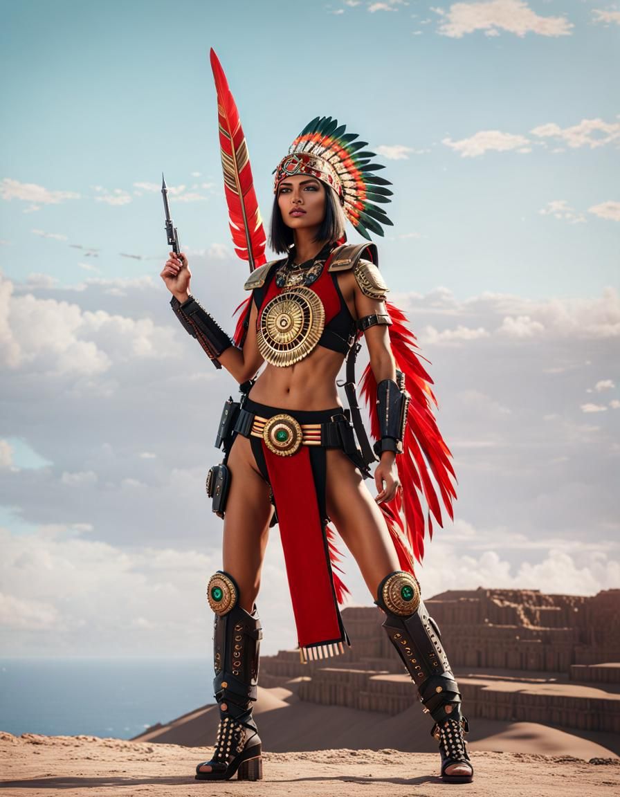 Aztec Warrior Woman in Cyberpunk Power Armor