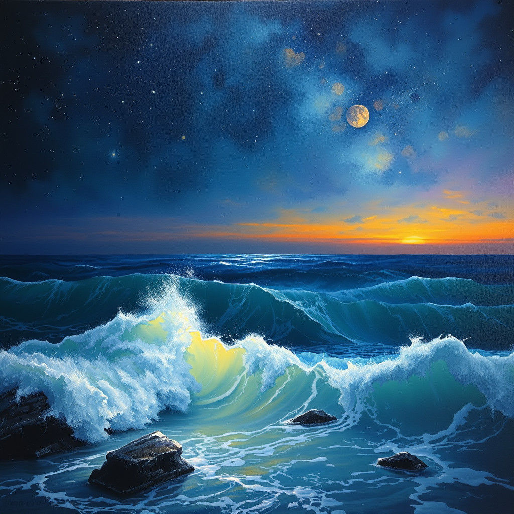 Nocturnal Whispers: An Oil Painting of the Starry Sea