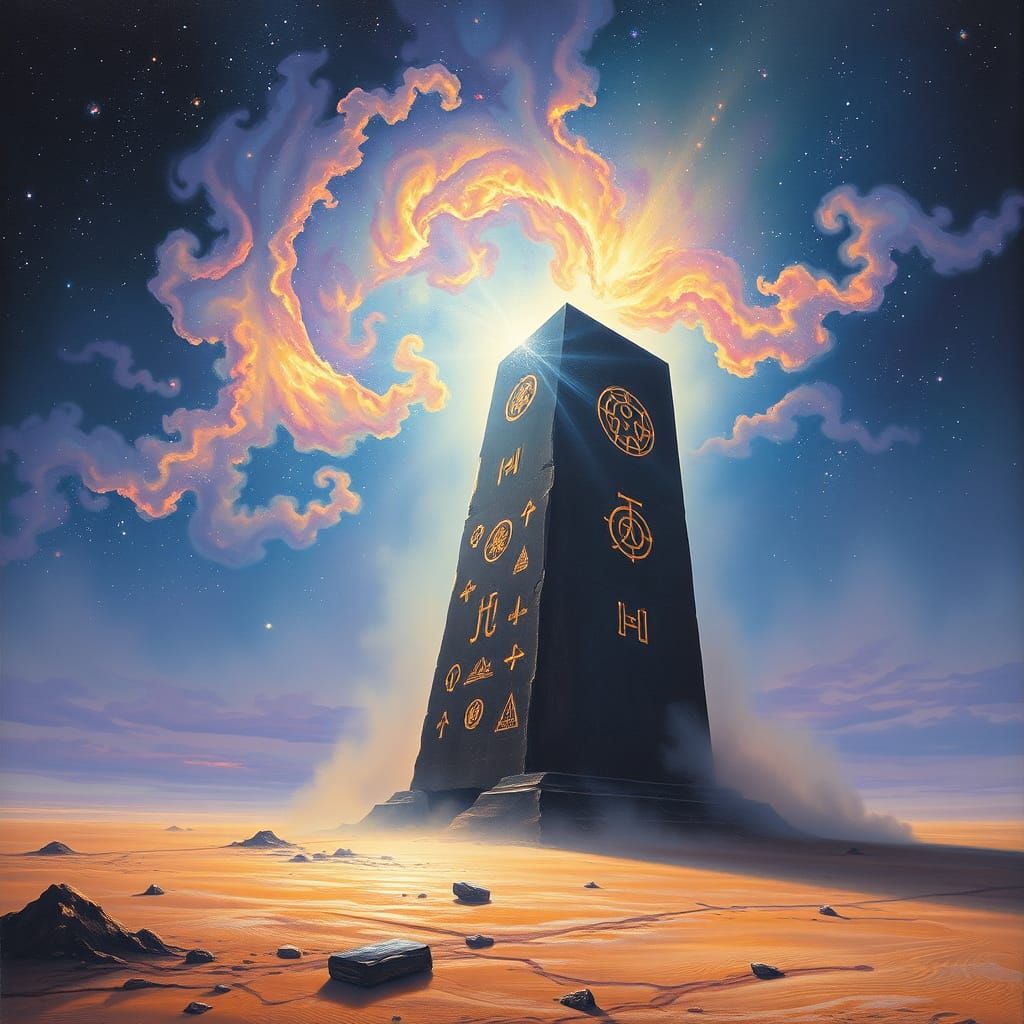 Ancient Monolith in Starlit Desert with Cosmic Nebula