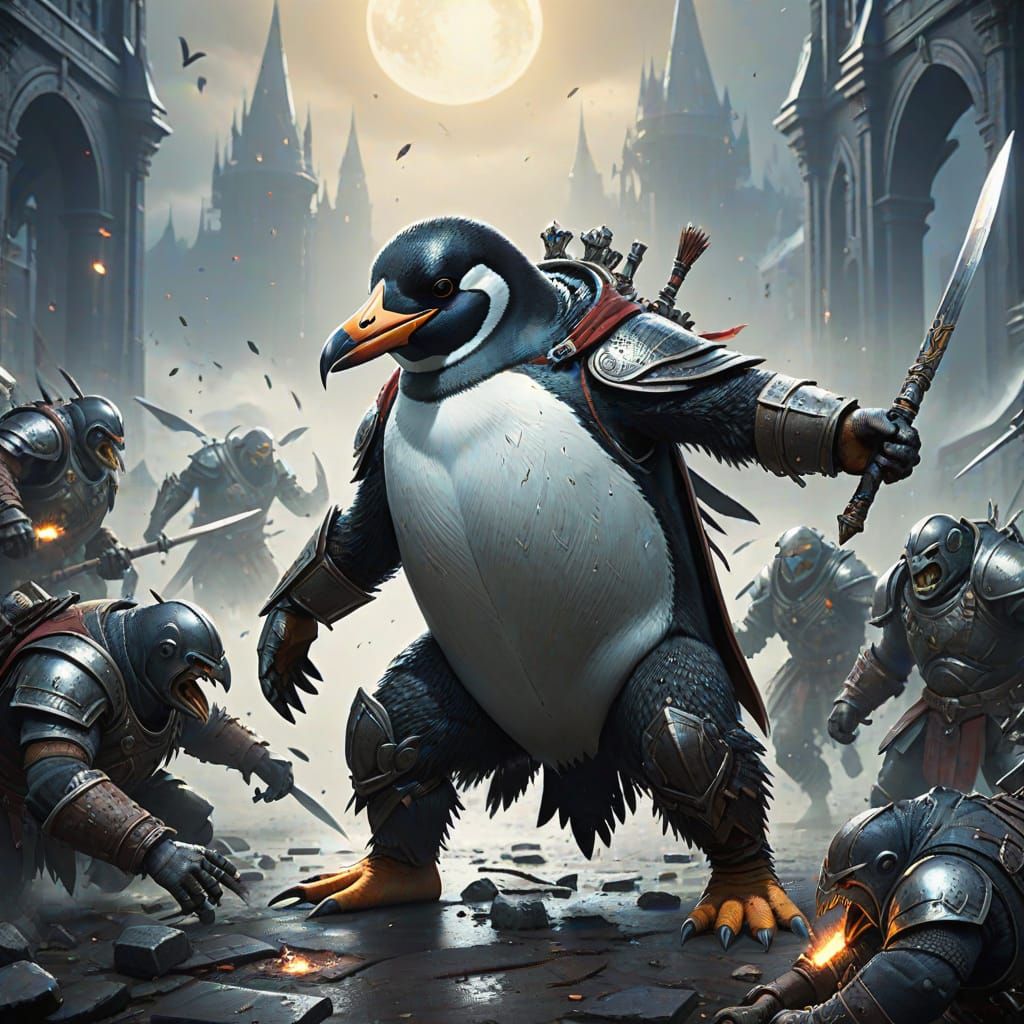 Penguin Warrior Fighting Orcs in Dark Fantasy Style