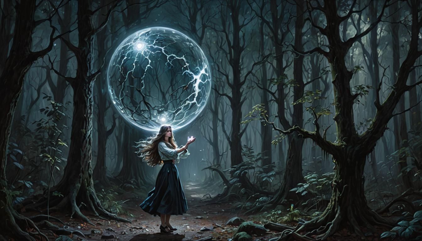 Gorgeous Spellcaster in Dark Forest, Oil Painting