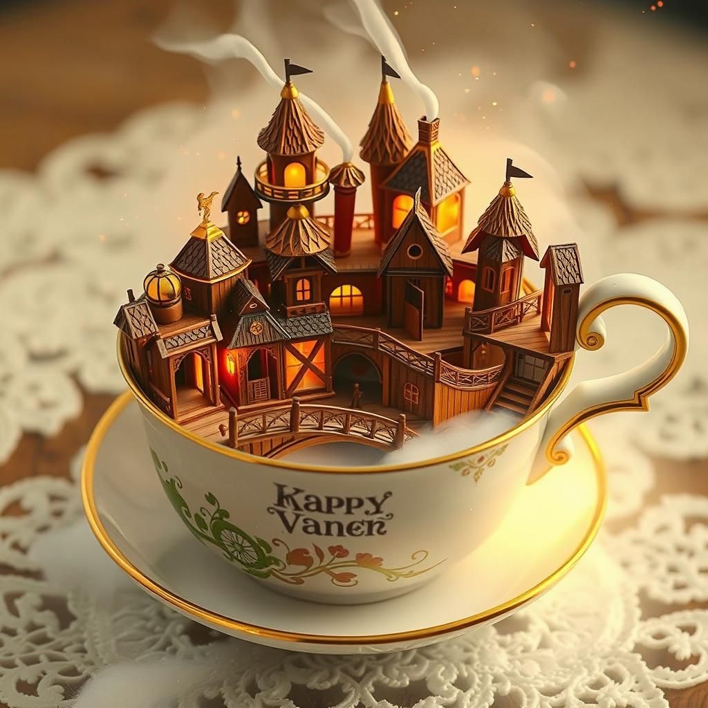 Wooden Town in Teacup, Kinkade-Style Folk Art