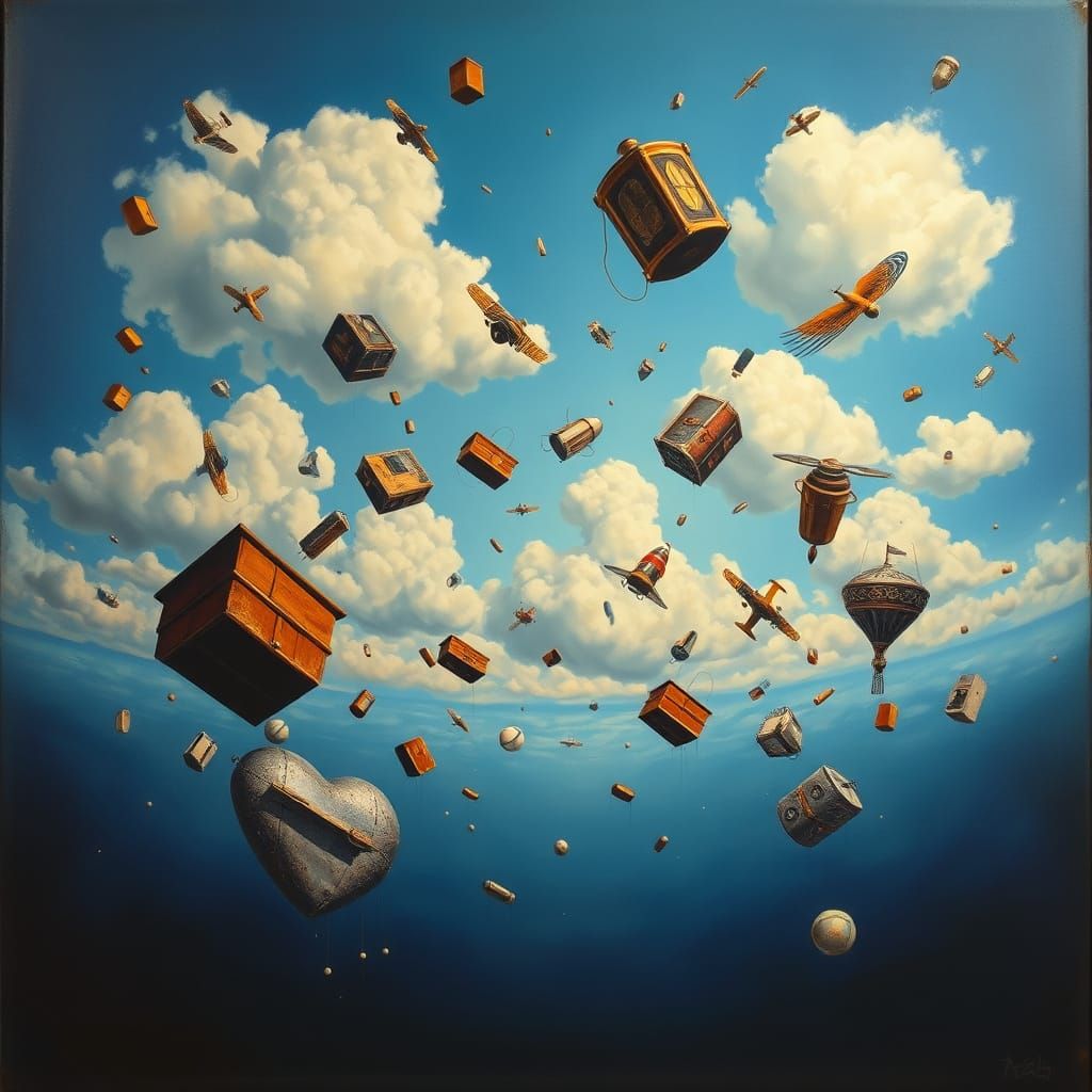 Antique Objects Fly Through Vast Azure Void