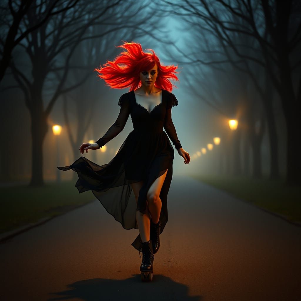 Vampire in Red Hair Flows Across Dark Park at Dusk in Cinema...