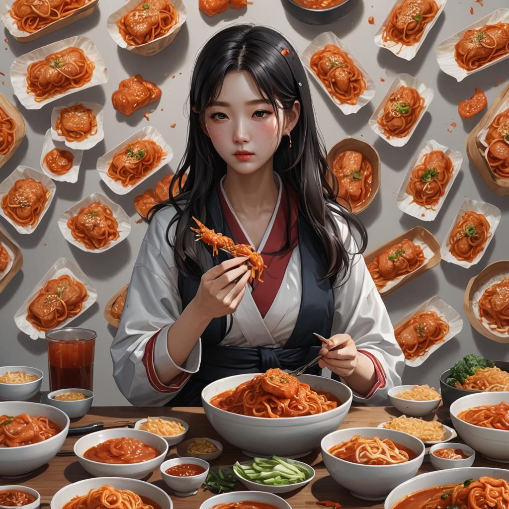 Korean Girl Eating Kimchi in 3D Anime Style