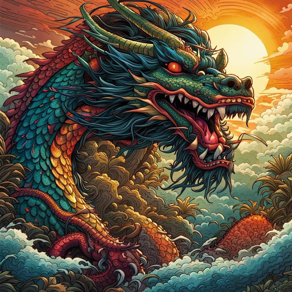 High Gothic Japanese Dragon in Sunlight: Comic Book Art