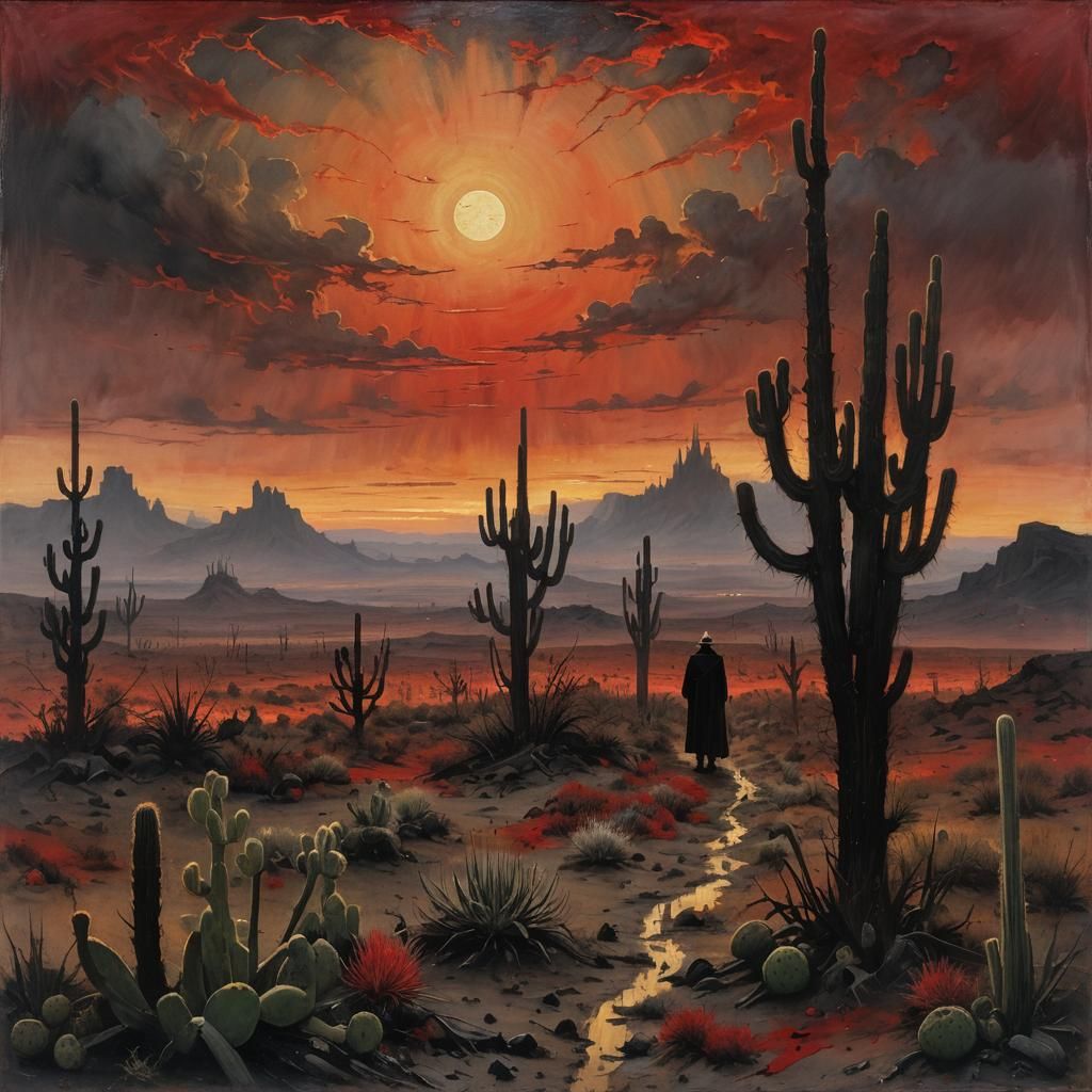 Red Sunset Over Black Desert: A Symbolist Painting