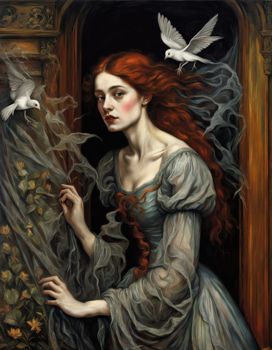 Ghost Wandering in Decaying Victorian Mansion: Pre-Raphaelit...