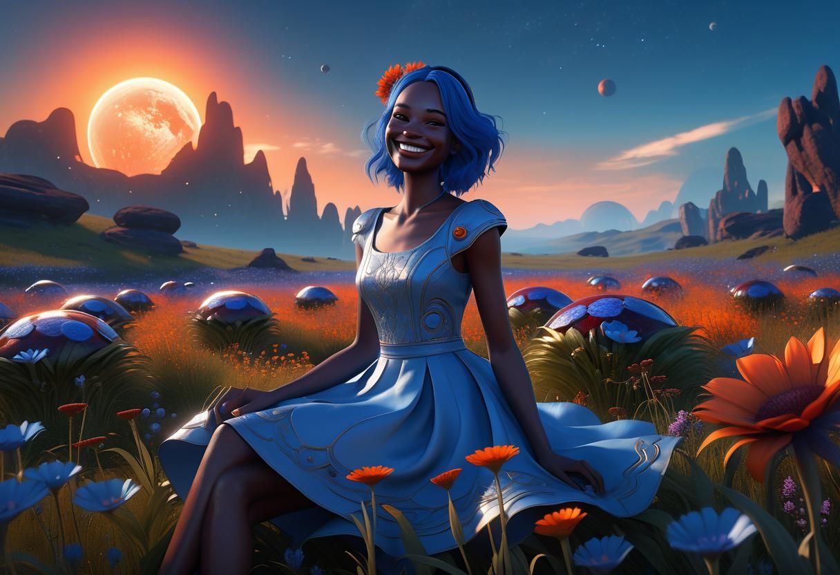 Blue Girl on Alien Meadow, Digital Art