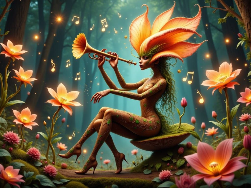 Enchanted Trumpet Flower in Vibrant Fantasy Scene