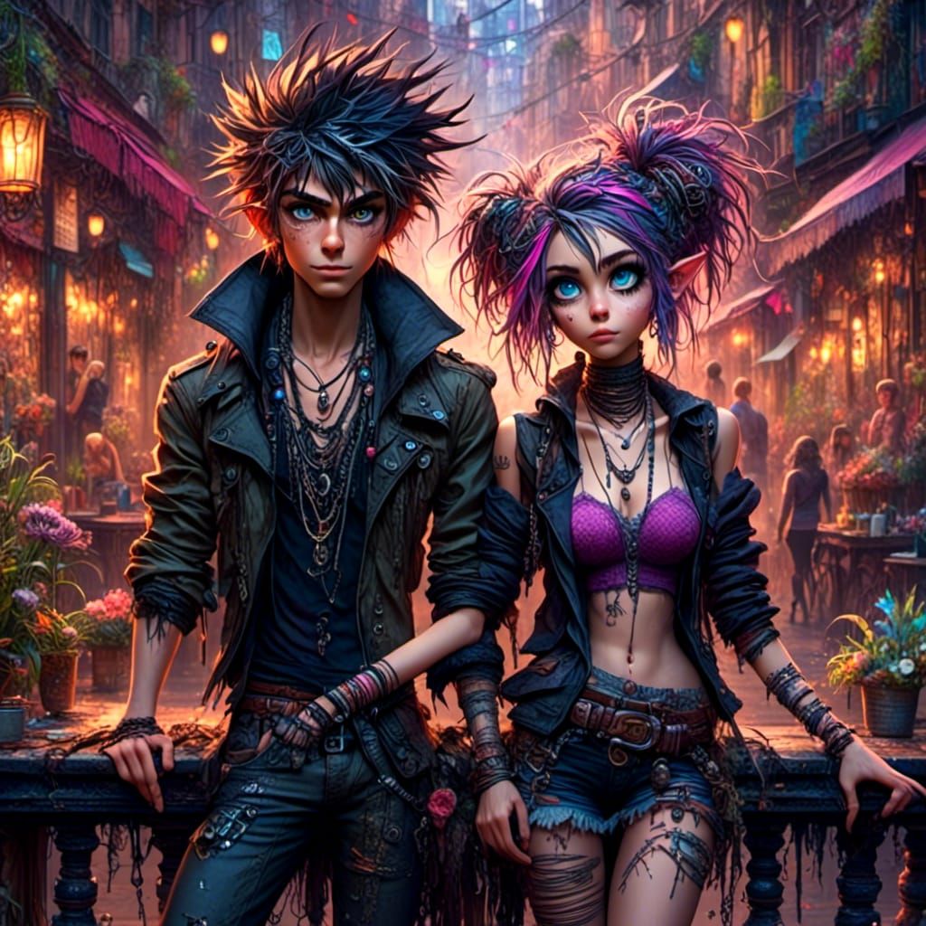 Cyberpunk Couple in Dystopian Cityscape, Photorealistic Styl...