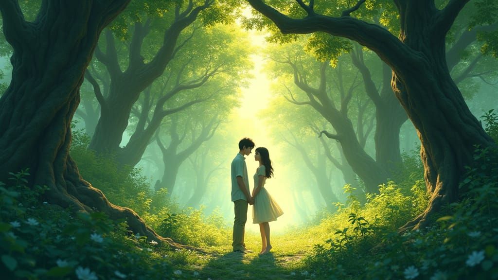 Dreamlike Forest Romance in Whimsical Anime Style