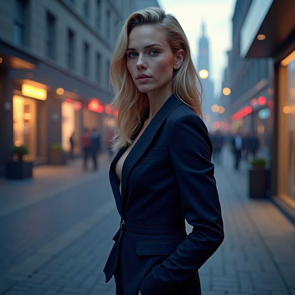 Scarlett Johansson in Navy Pantsuit, Matte Painting Style