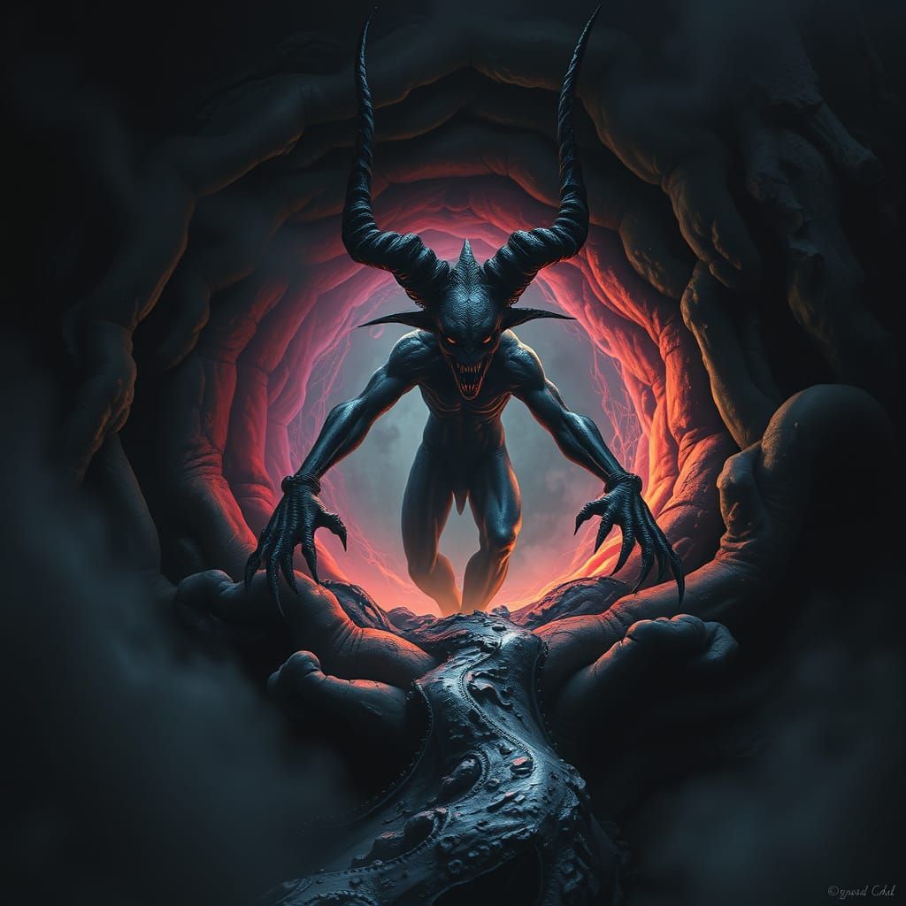 Biomechanical Daemon Unfurls from Glimmering Socket