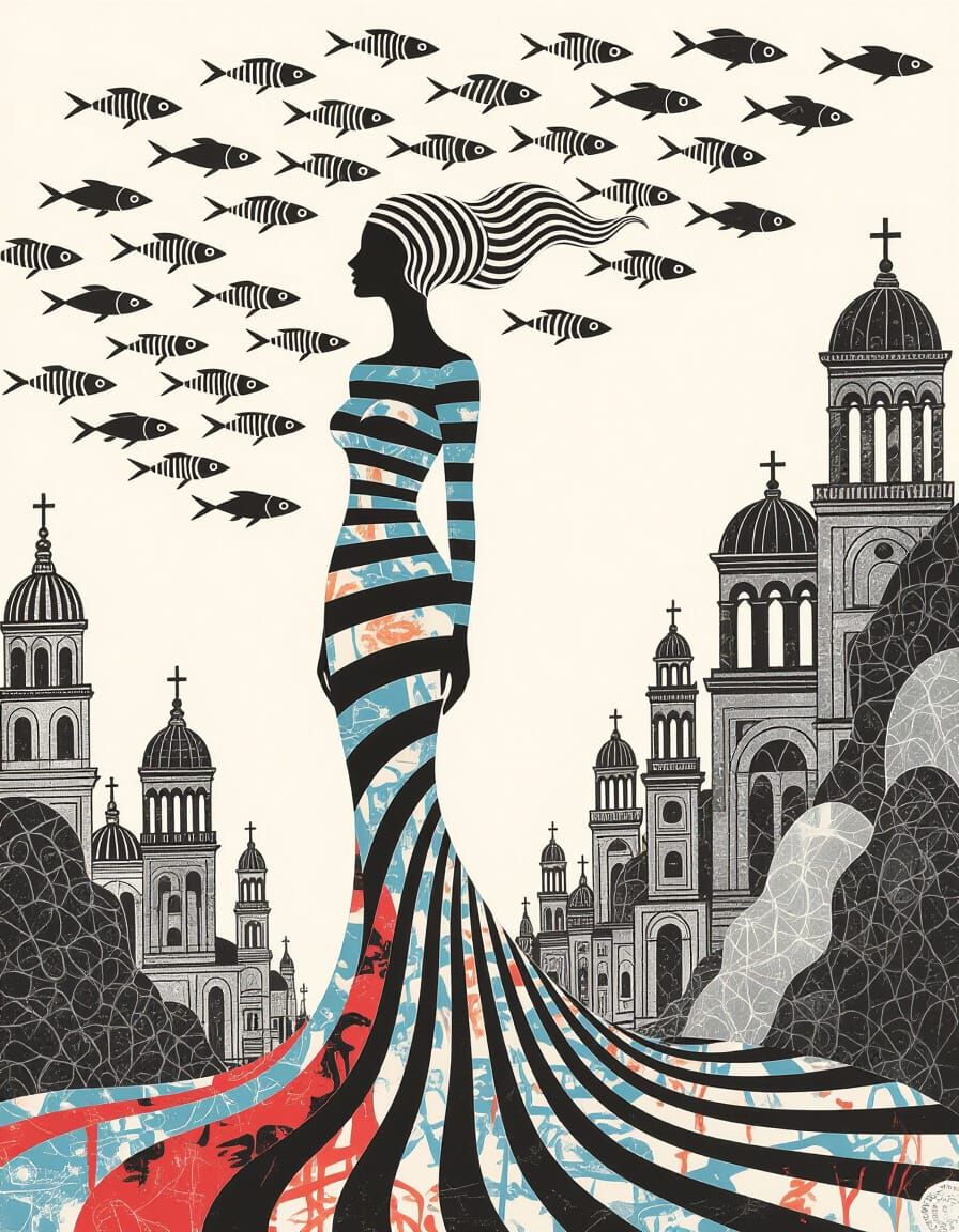 Abstract Fish Murmuration with Striped Woman