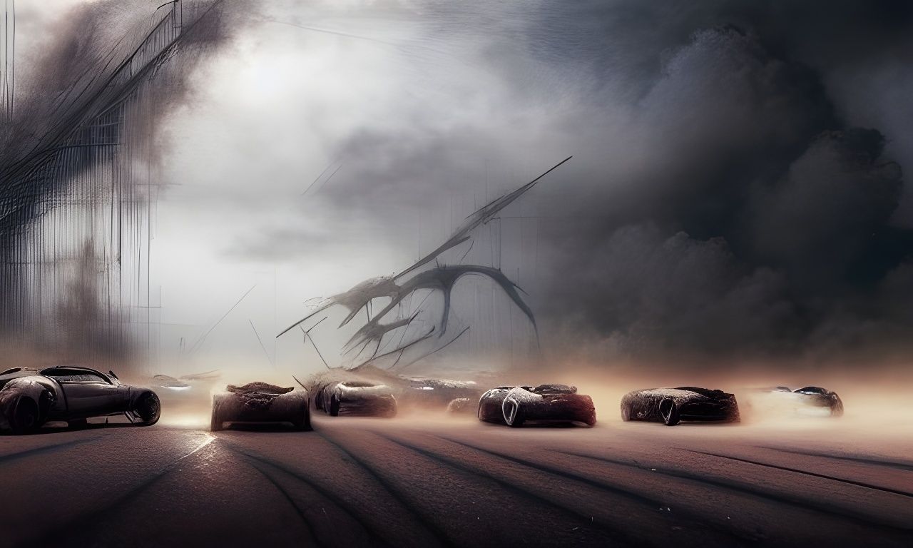 Apocalyptic Cars Outrun Dust Storm, Hyperrealistic Illustrat...