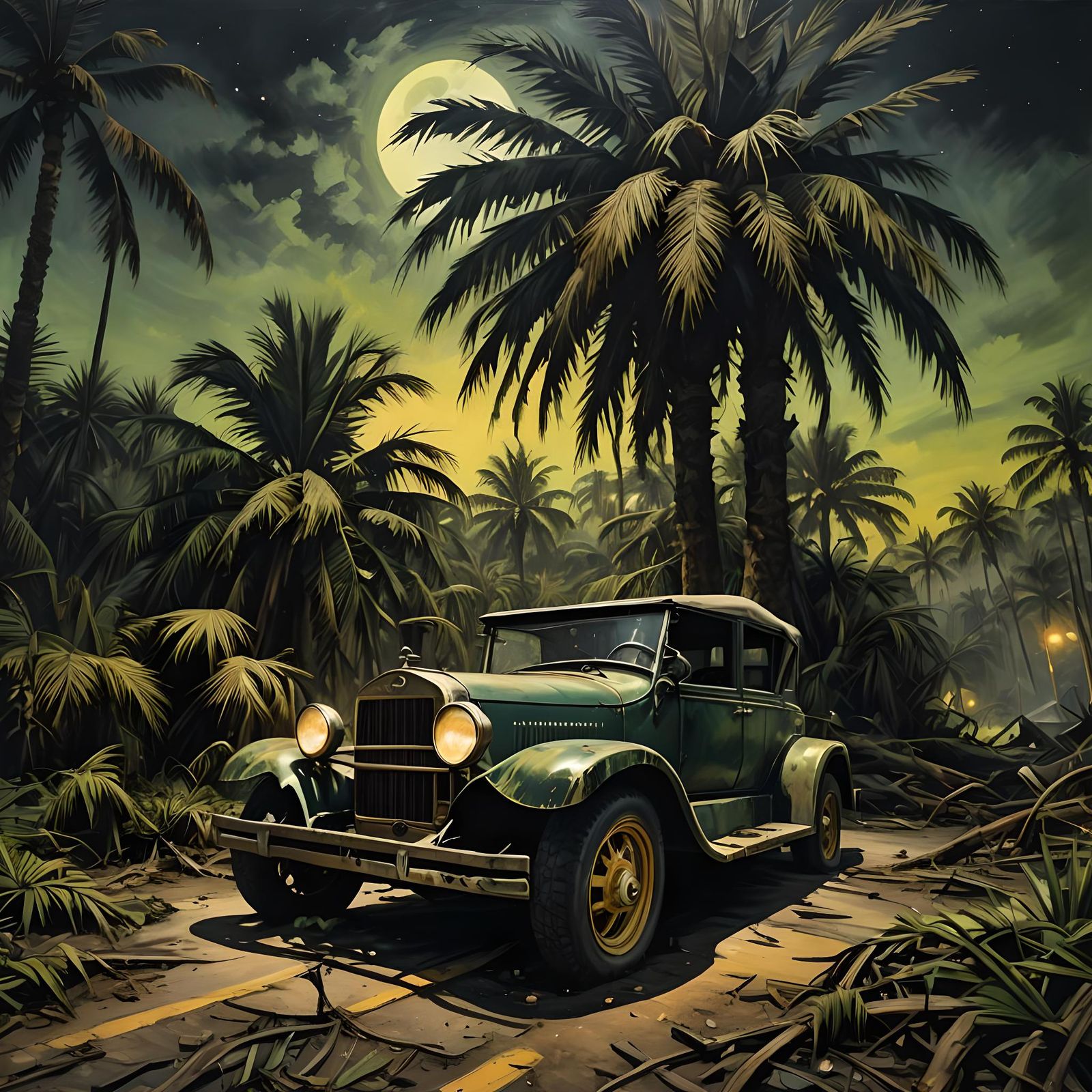 Model T Car Under Palm Trees in Sinister Style