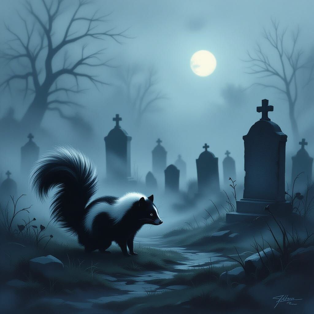 Ink Swirl Skunk in Foggy Graveyard at Twilight