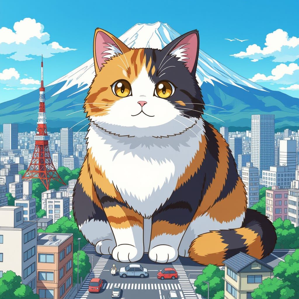 Colossal Calico Cat Protects Tokyo in Anime Style